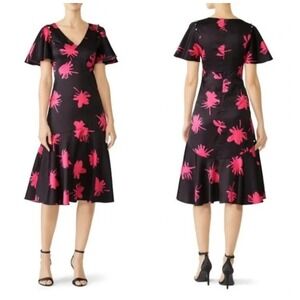 Prabal Gurung Collective Black & Hot Pink Flower Ruffled Sleeve Dress sz 0